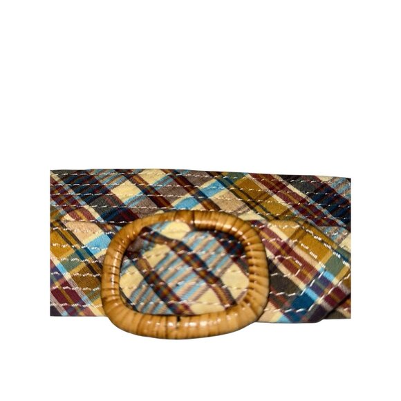 J. Crew Womens Size S/M Fabric Belt Multi Color Plaid Woven Wicker Buckle Preppy - Picture 2 of 6